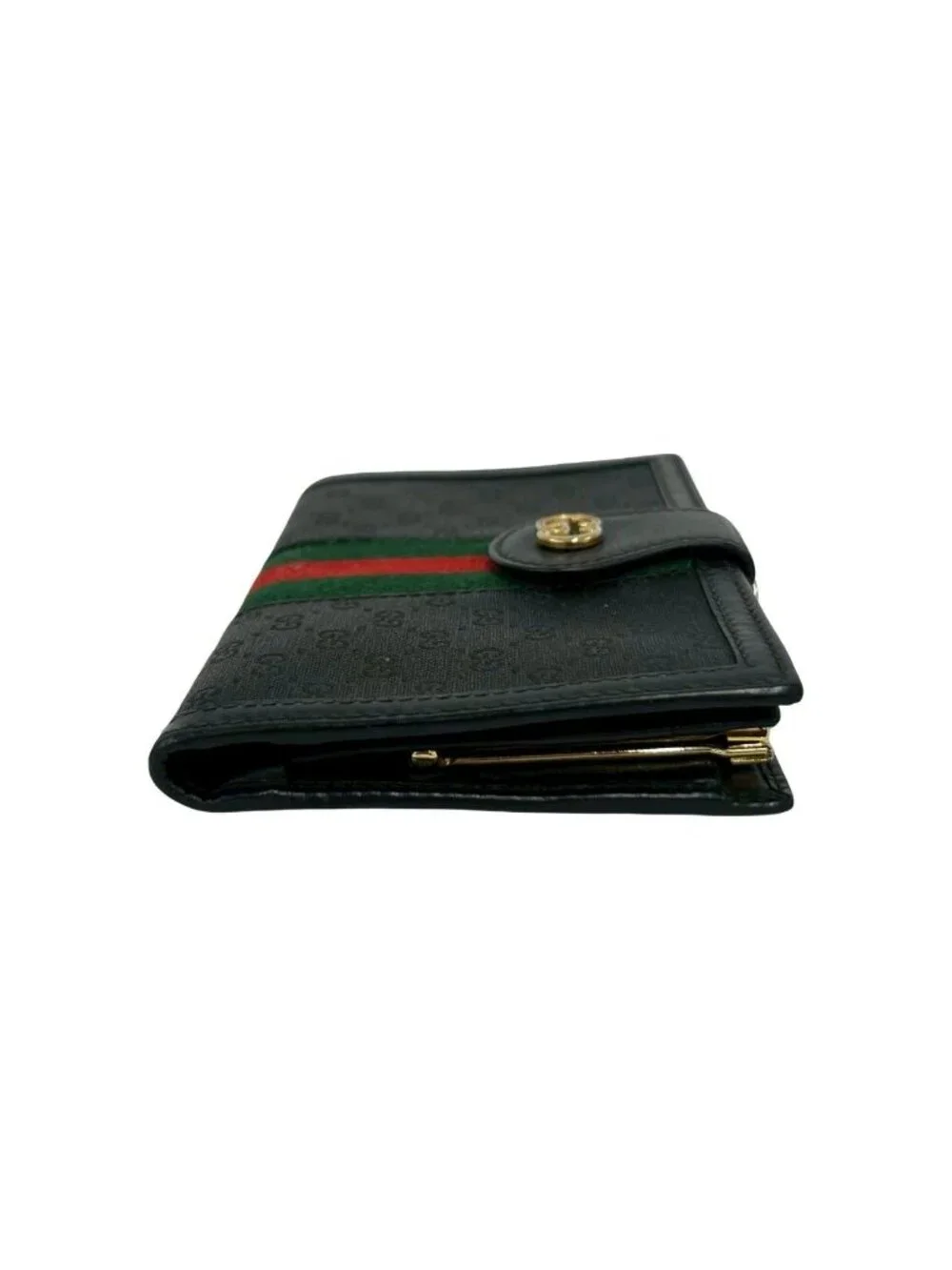 Gucci Vintage Sherry Line Micro GG Logo Leather Clasp Bifold Wallet Black - Picture 5 of 10